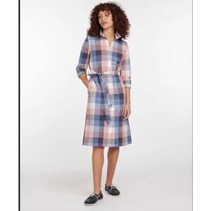 Barbour Dress Tern Pink Blue Check Size 8 Casual Coastal Linen Blend Midi Fall